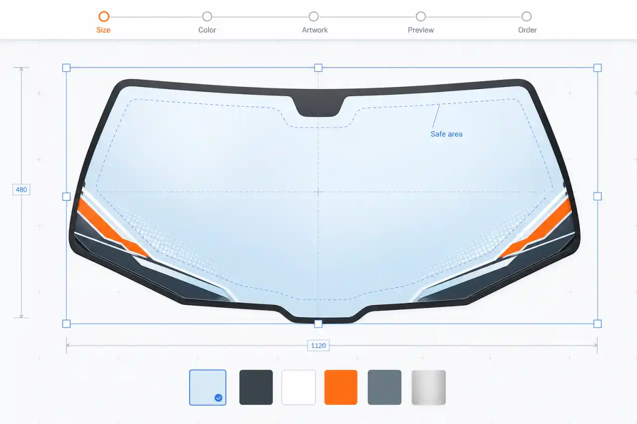 Illustrative online product design studio with size, color, artwork, preview, order, and safe-area controls.
