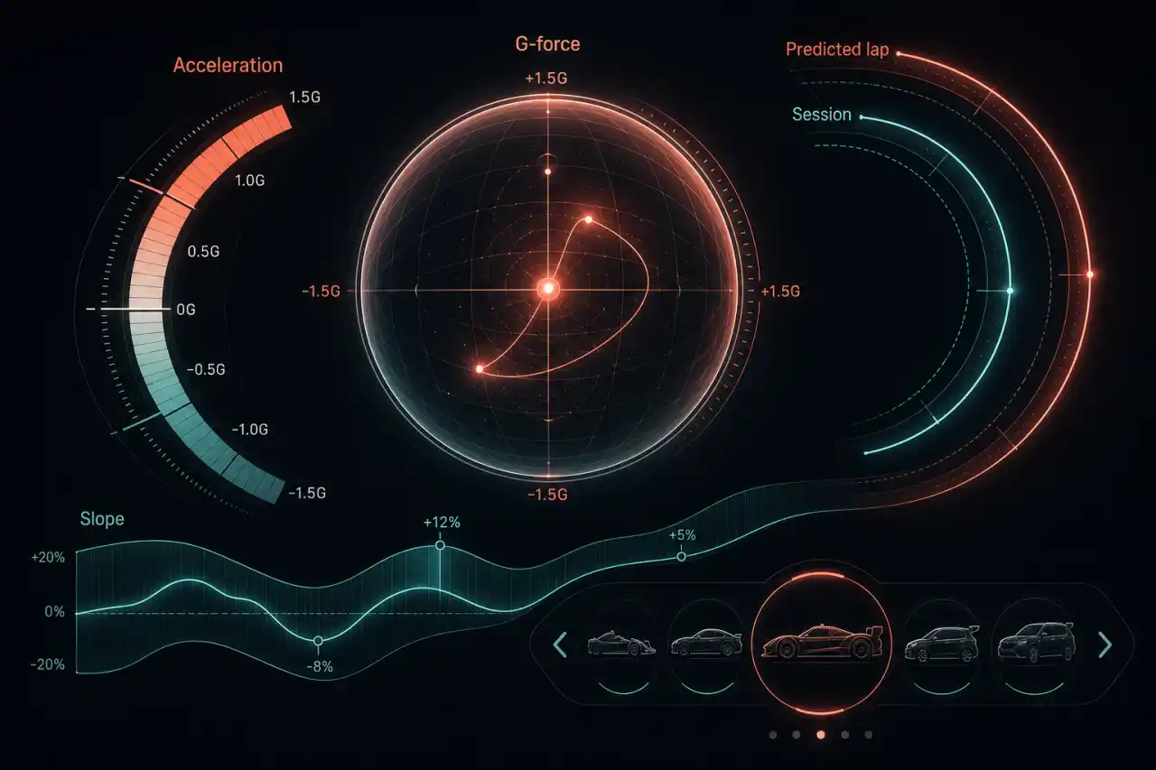 Illustrative telemetry instrument cluster showing G-force, acceleration, slope, prediction, and session comparison.