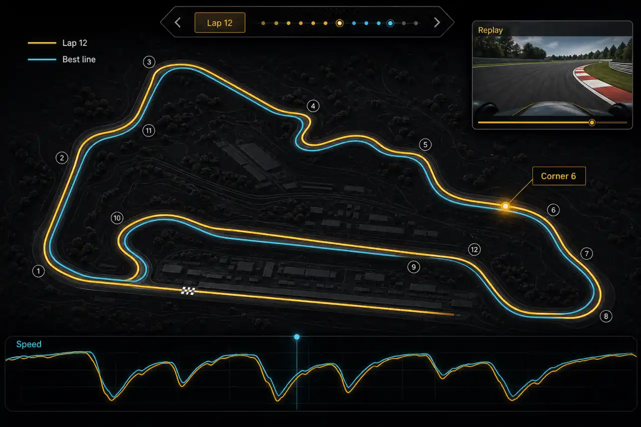 Illustrative racetrack replay canvas with ghost laps, corner markers, speed trace, and video review.