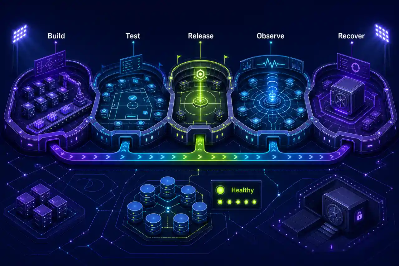 Illustrative cloud delivery topology with build, test, release, monitoring, and recovery stages.