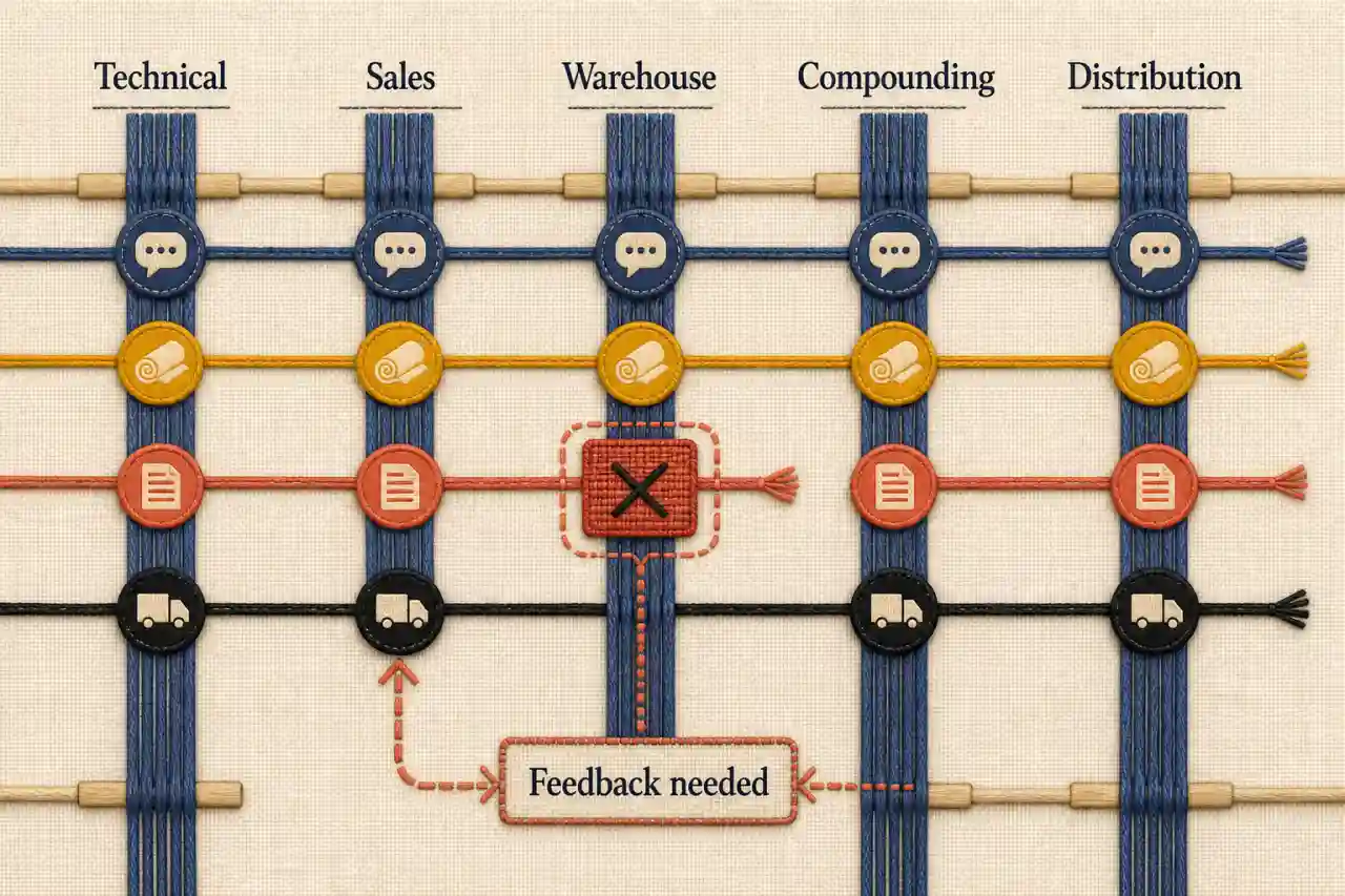 Illustrative loom-like coordination matrix connecting technical, sales, warehouse, compounding, and distribution teams with a feedback loop.