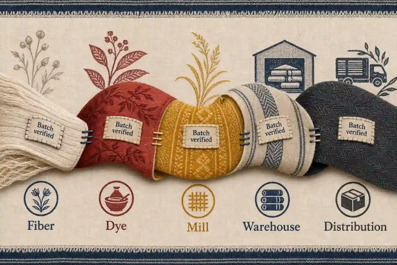 Illustrative textile traceability ribbon connecting fiber, dyeing, mill, warehouse, and distribution stages.