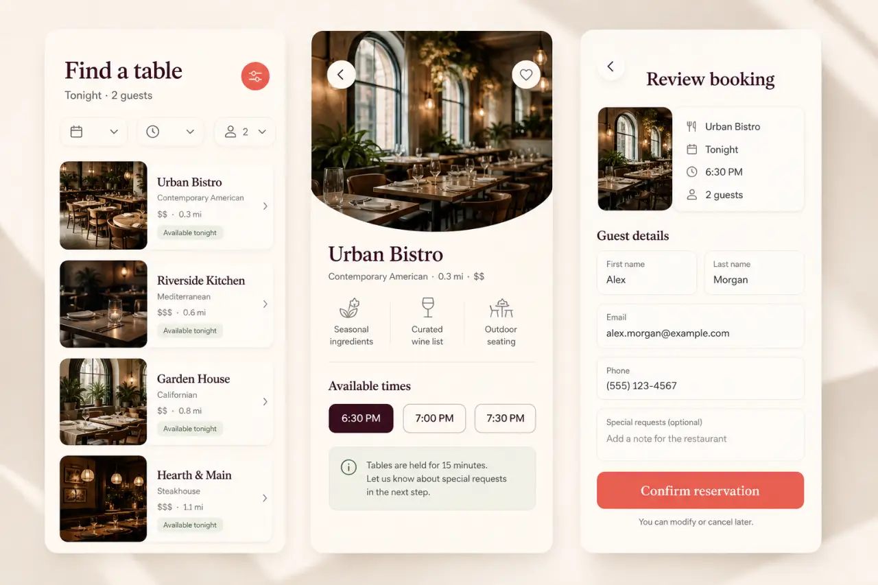 Illustrative three-screen mobile journey for finding a restaurant, selecting a reservation time, and confirming guest details.