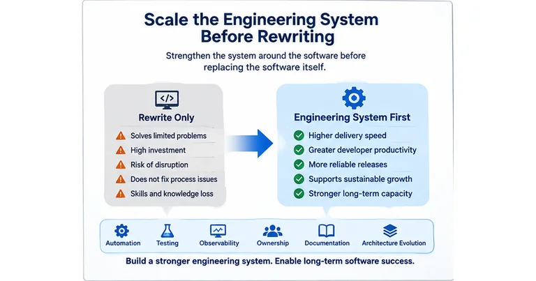 Engineering system improvements including automation, testing, observability, ownership, documentation, and architecture evolution as an alternative to rewriting software.