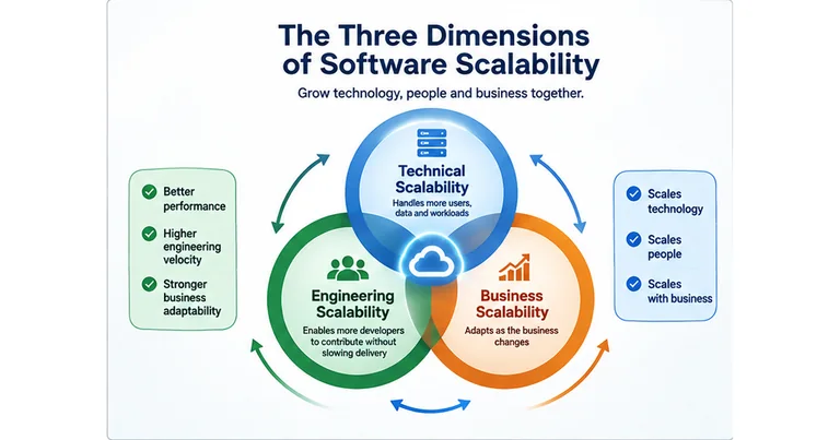 The three dimensions of software scalability: technical scalability, engineering scalability, and business scalability.