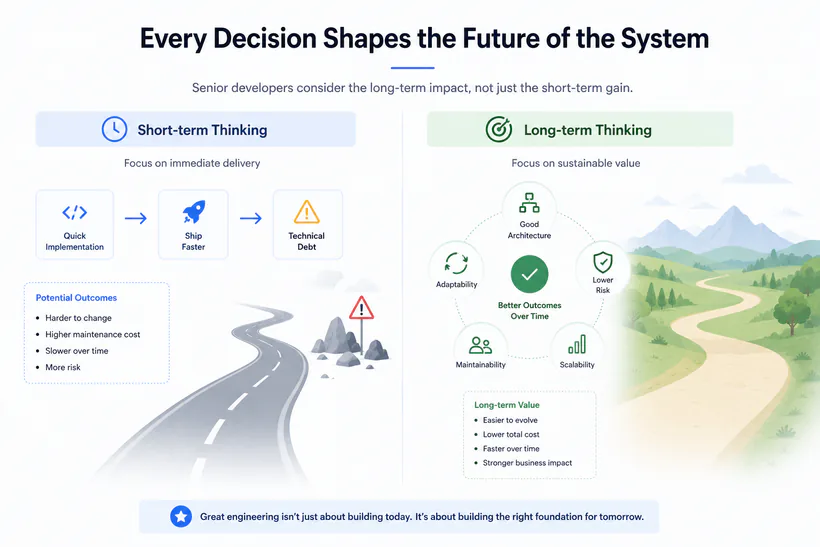 Short-term implementation decisions compared with long-term engineering decisions that improve architecture, adaptability, maintainability, scalability, and risk.