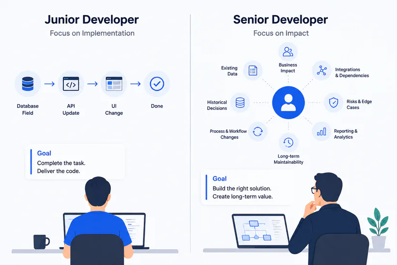 Junior developer implementation focus compared with a senior developer considering business impact, system context, risks, dependencies, and maintainability.