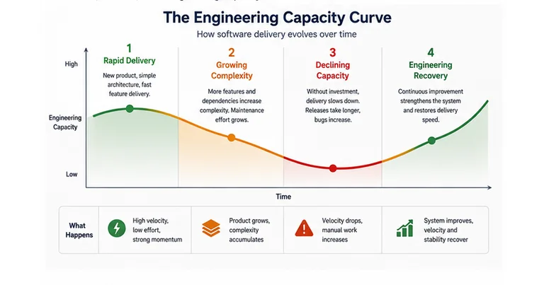 The Engineering Capacity Curve showing rapid delivery, growing complexity, declining capacity, and engineering recovery.