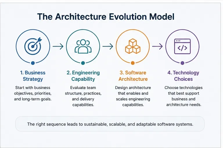 Diagram of the Architecture Evolution Model connecting business strategy, engineering capability, software architecture, and technology choices.