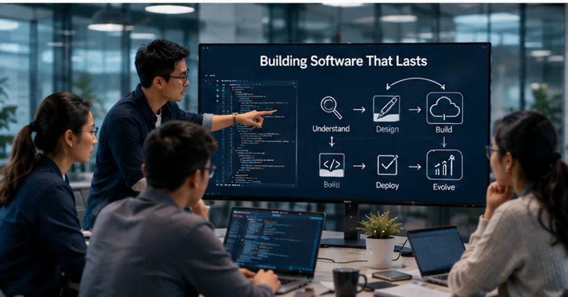 A software engineering team collaborating around a continuous process of understanding, designing, building, deploying, and evolving software.
