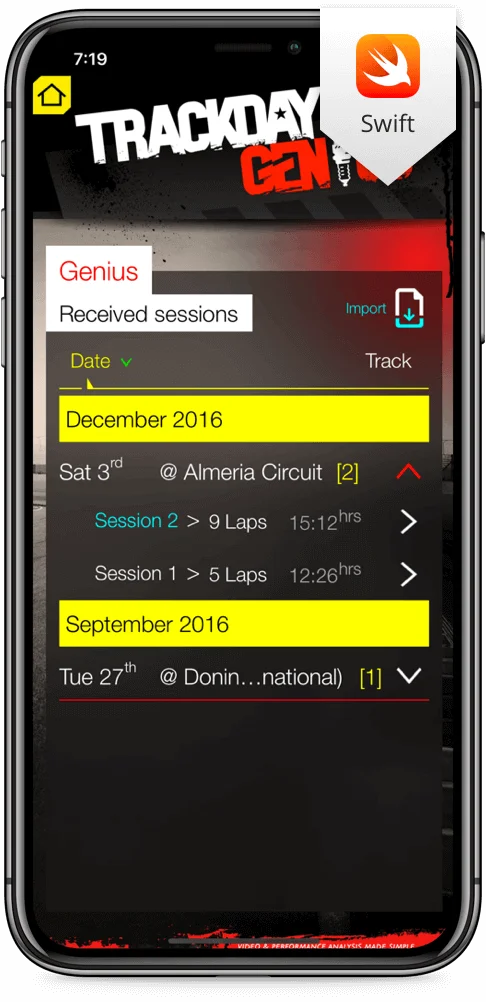 Track Day Genius iOS interface listing imported and recorded track sessions.