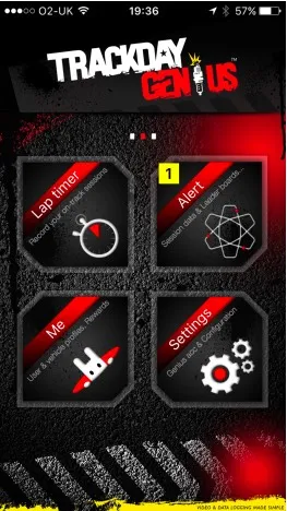 Track Day Genius feature hub with lap timer, alerts, profile, and settings.