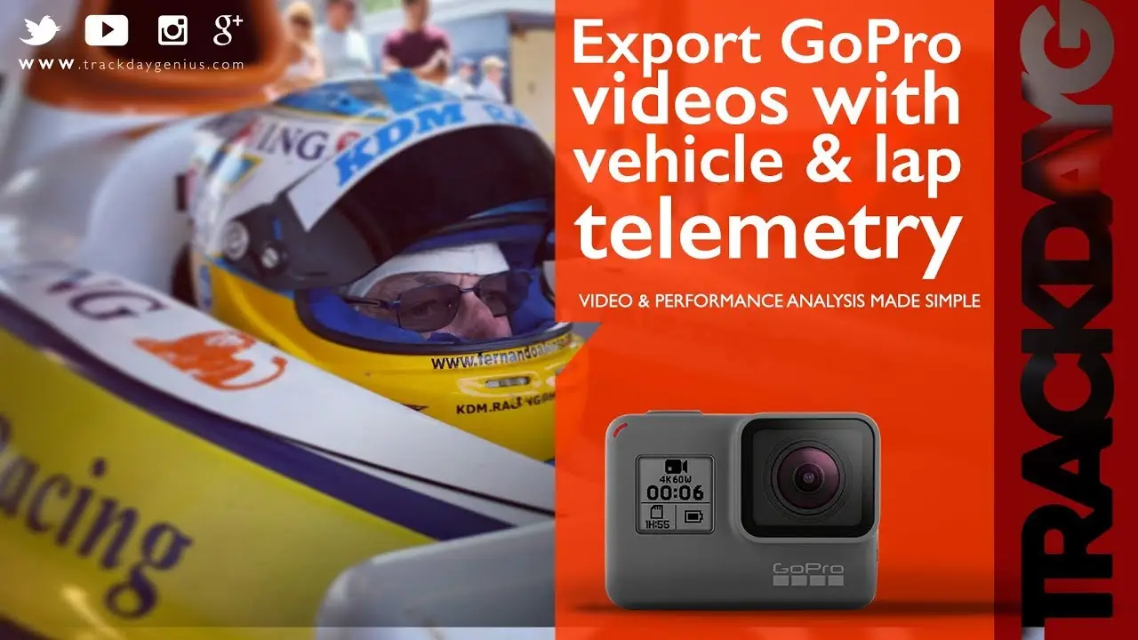 Track Day Genius product video cover showing GoPro video export with vehicle and lap telemetry.