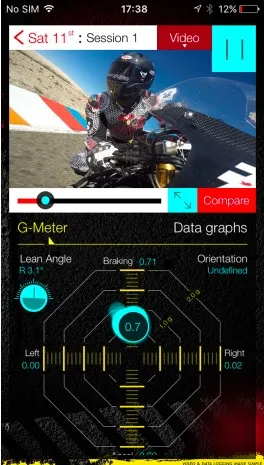 Track Day Genius video playback with G-meter and data graphs.