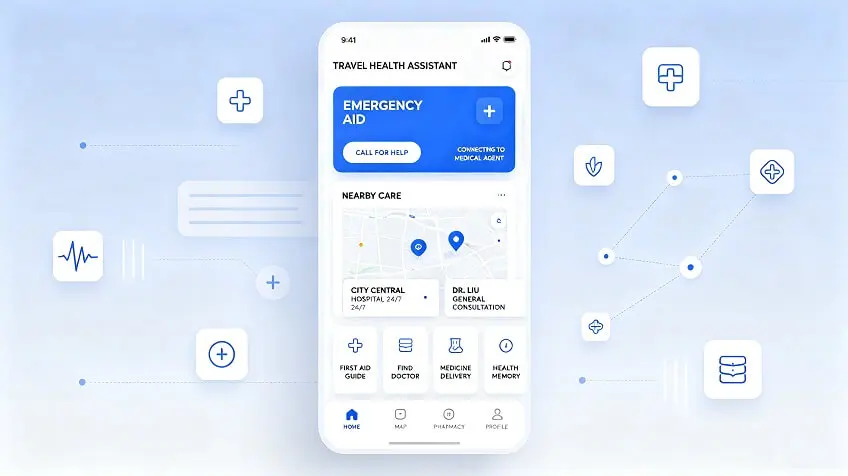 Concept mobile interface for an AI health assistant with nearby care, emergency help, medication support, and health-memory features.