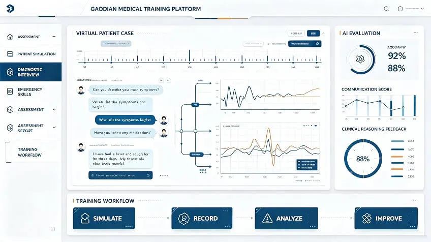 Concept medical training interface with a virtual patient interview, procedure analysis, communication review, and training workflow.