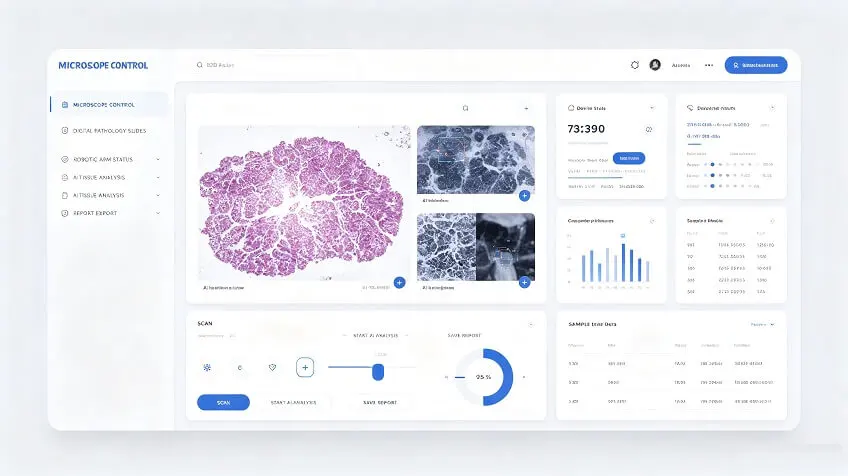 Concept microscopy control interface with tissue imaging, scan controls, AI analysis, sample data, and collaboration status.
