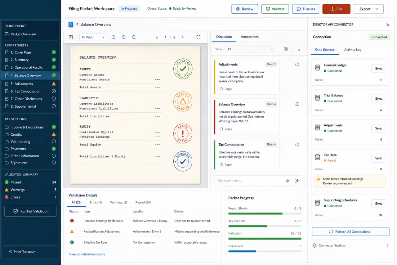 Illustrative web reporting and tax-filing workspace with report sheets, validation, discussion, filing sections, and desktop API connections.