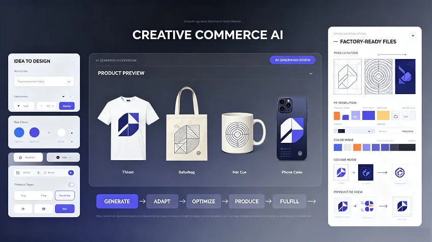 Concept creative-commerce interface with idea controls, merchandise previews, product adaptation, and factory-ready file preparation.