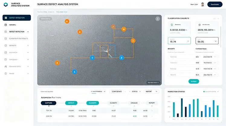 Concept surface-inspection interface with localized defect regions, classification controls, workflow status, and inspection reporting.