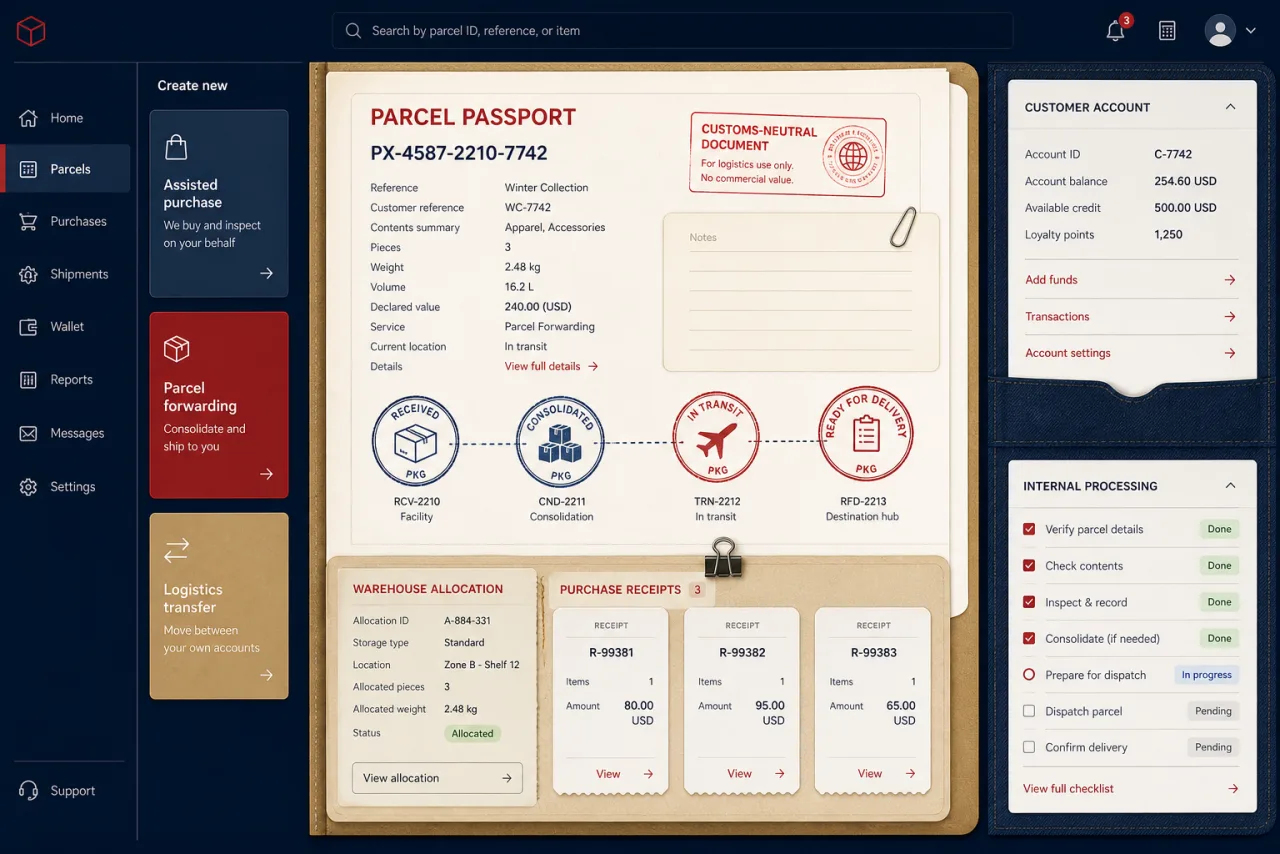 Anonymous parcel-forwarding workspace with an assisted-purchase menu, parcel passport, warehouse allocation, receipts, tracking stamps, and processing checklist.