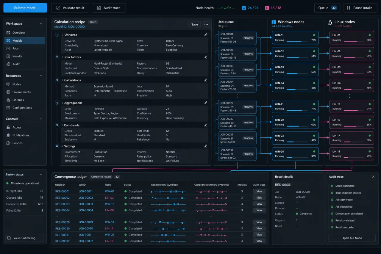 Anonymous financial grid-computing workspace with a calculation recipe, job queue, Windows and Linux node lanes, and a convergence ledger.