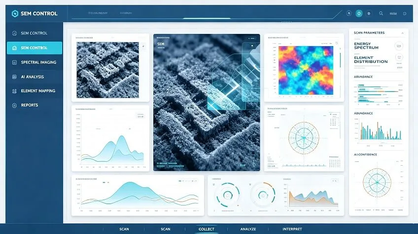 Concept SEM-control interface with microscope imagery, spectral maps, scan parameters, elemental abundance charts, and analysis views.