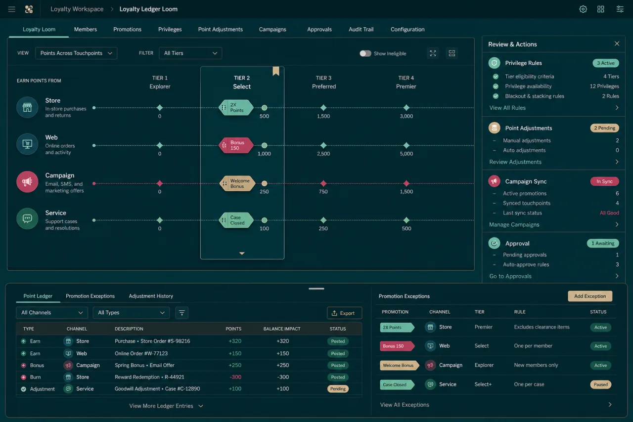 Anonymous Salesforce loyalty-management workspace with tier ladders, point threads, promotion tokens, review controls, and a loyalty ledger.