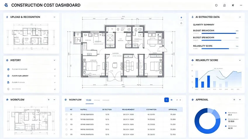 Concept construction-estimation interface with floor-plan recognition, AI-extracted quantities, reliability review, estimating workflow, and approval controls.