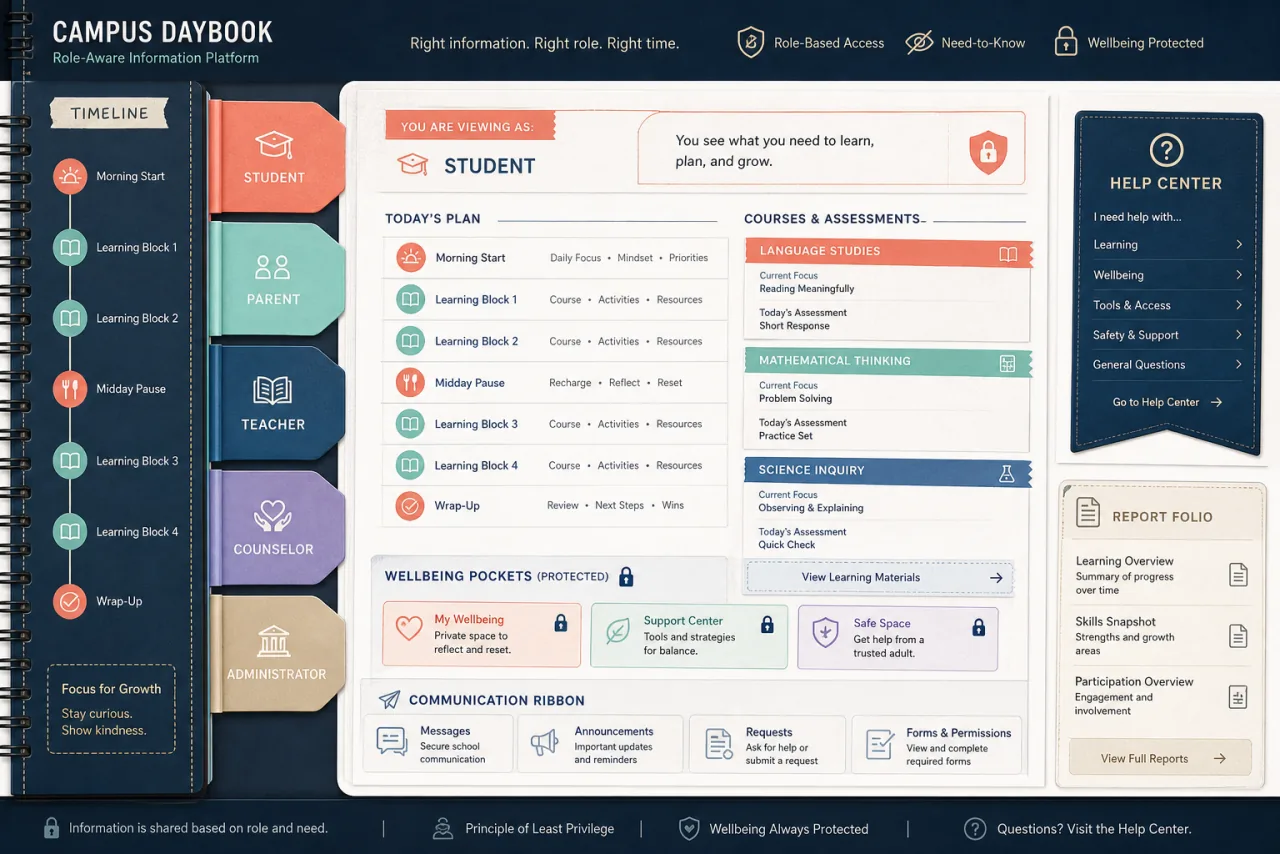 Anonymous K-12 campus daybook with role tabs, timetable, courses, assessments, protected wellbeing pockets, communication, help, and reporting.