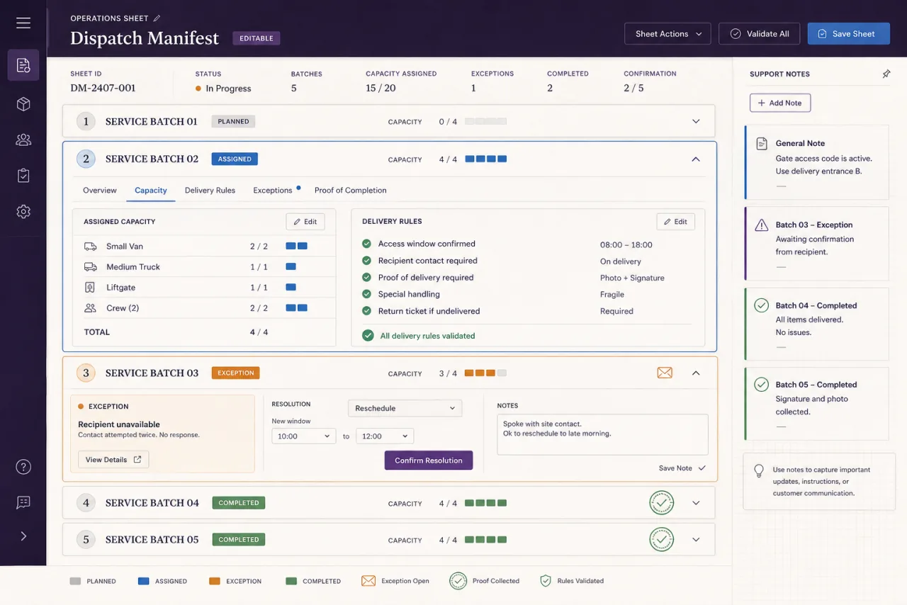 Anonymous delivery-management operations sheet with expandable service batches, capacity, rules, exceptions, completion evidence, and support notes.