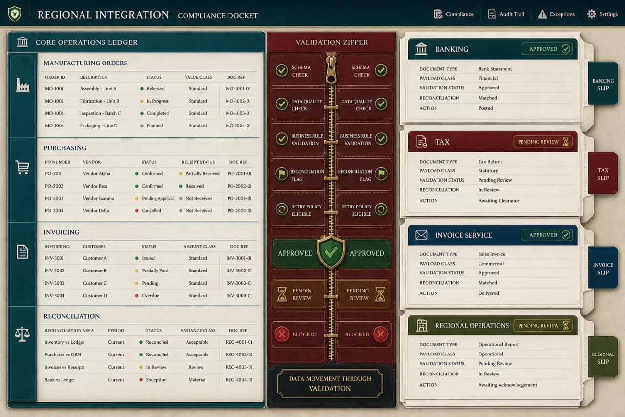 Anonymous regional-integration interface with a core operations ledger, validation controls, and banking, tax, invoicing, and regional service dockets.