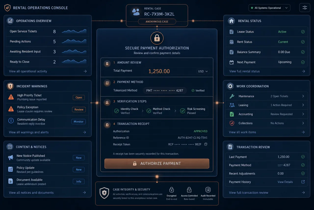Anonymous rental-operations console with incident warnings, work coordination, content notices, rental status, secure payment authorization, and transaction review.