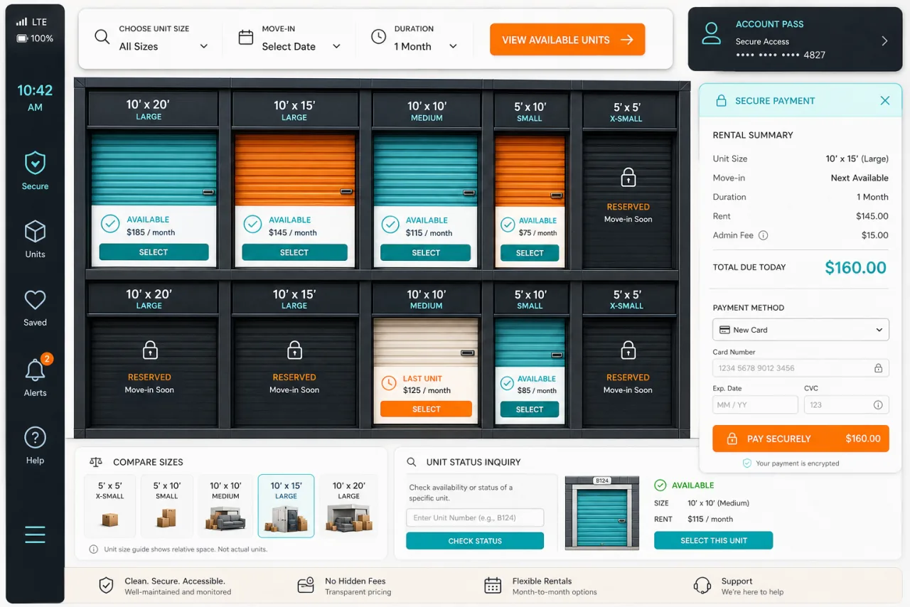 Anonymous self-storage customer center with selectable unit doors, booking controls, account access, secure payment, size comparison, and unit-status enquiry.