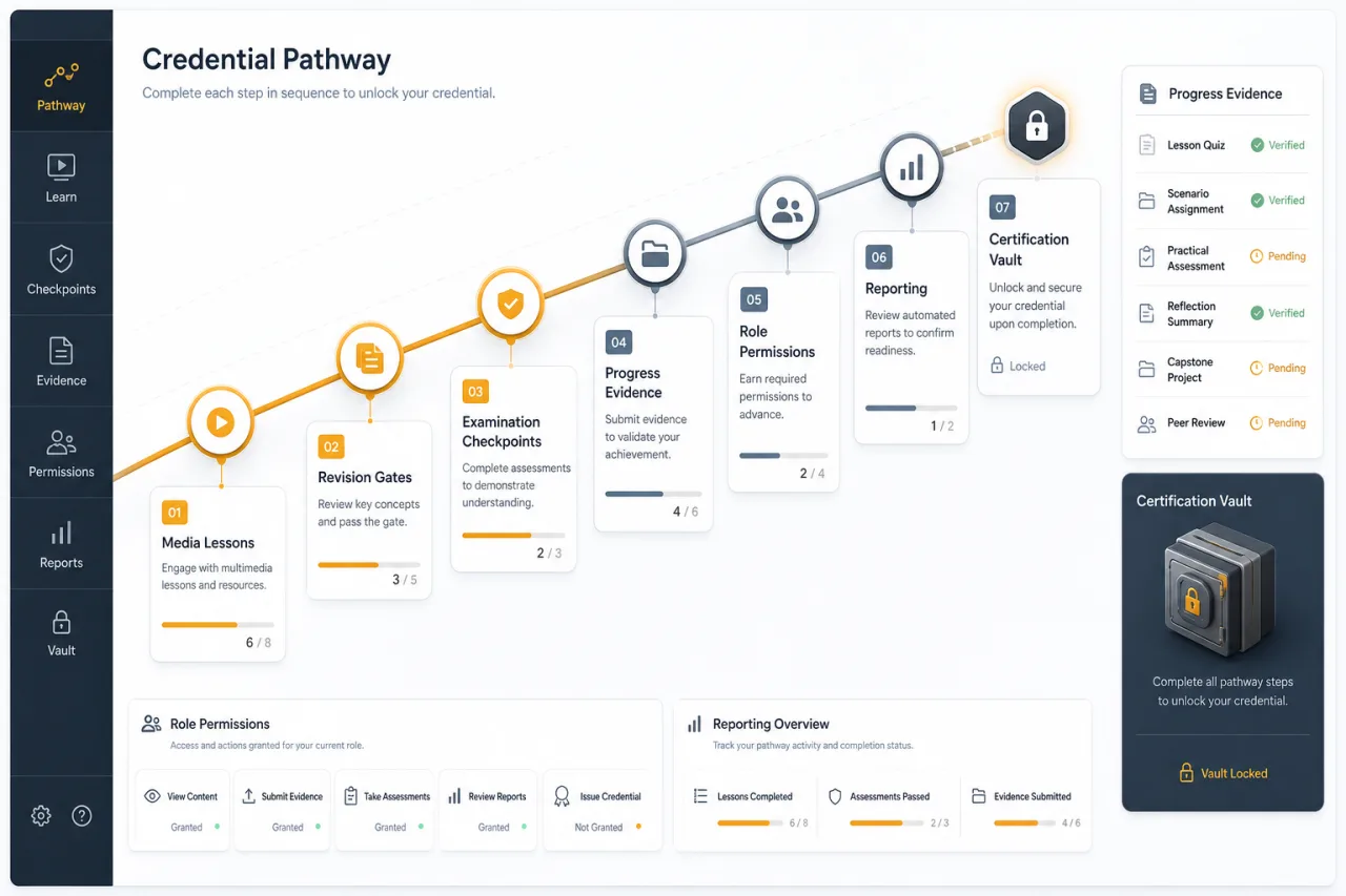 Anonymous continuing-education interface with a credential pathway through media lessons, revision gates, examinations, progress evidence, permissions, reporting, and certification.