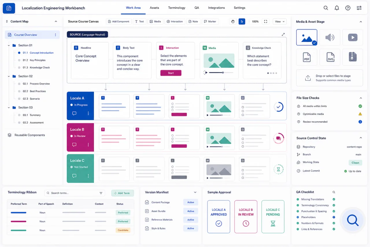 Anonymous e-learning localization workbench with a source-course canvas, generic locale lanes, multimedia staging, terminology, version state, sample approval, and QA checks.