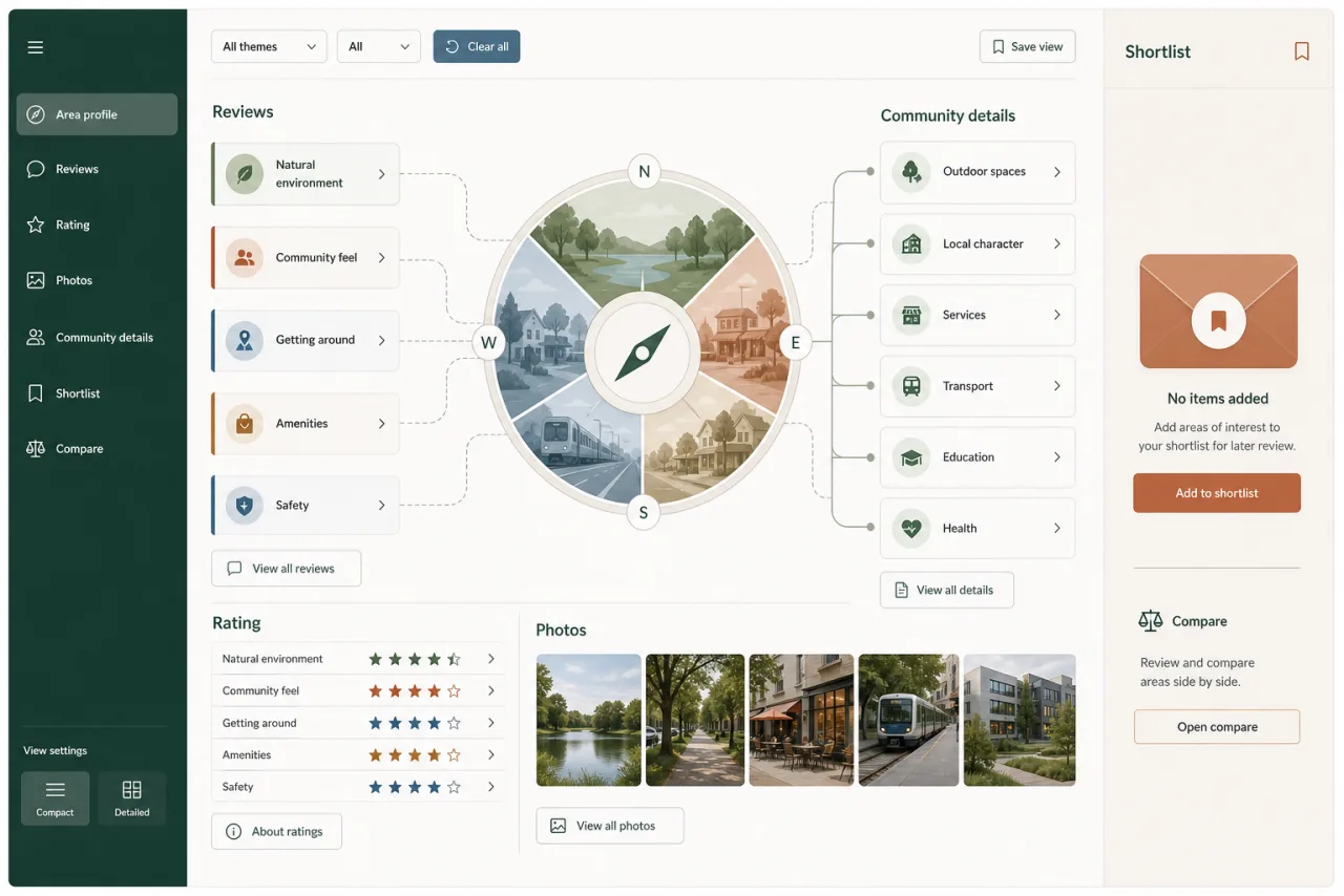 Anonymous advisory research interface connecting an area profile, reviews, ratings, photos, community details, and saved research in one web experience.