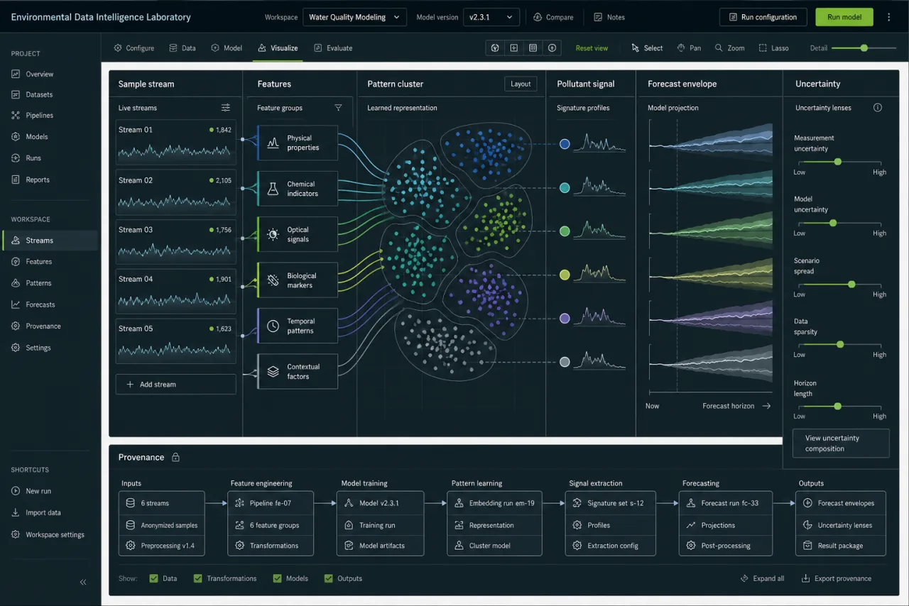 Anonymous environmental intelligence interface connecting sample streams, feature groups, deep-learning pattern clusters, pollutant signals, forecast envelopes, uncertainty, and provenance.