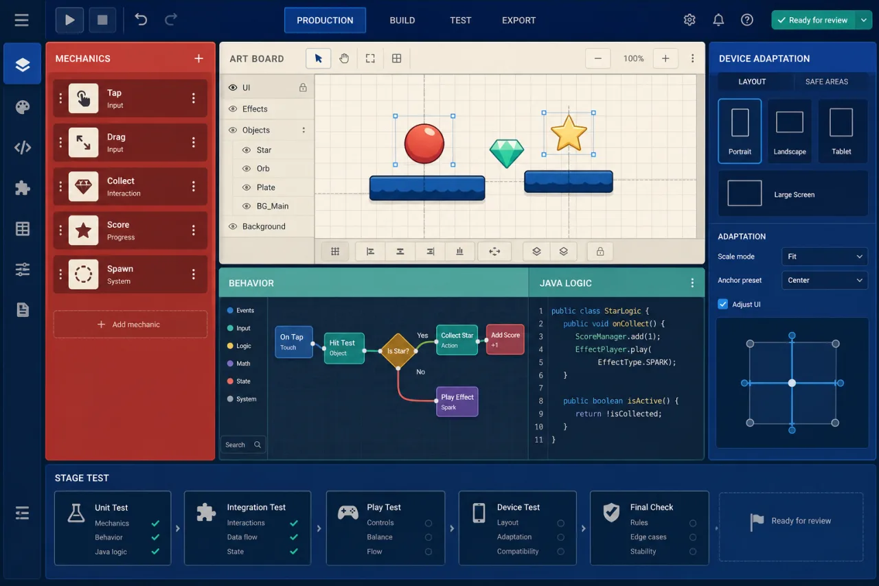 Anonymous mobile game production workspace connecting mechanics, original artwork, behavior blocks, Java logic, device adaptation, and staged testing.