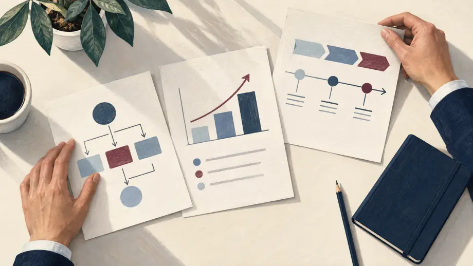 Concept illustration of hands comparing software workflow, value and phased delivery proposals.