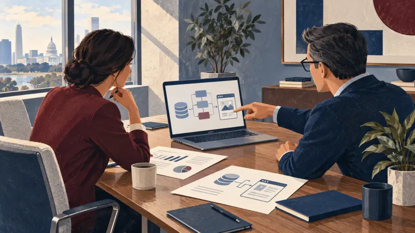 Concept illustration of a business leader and engineering partner reviewing connected business systems.