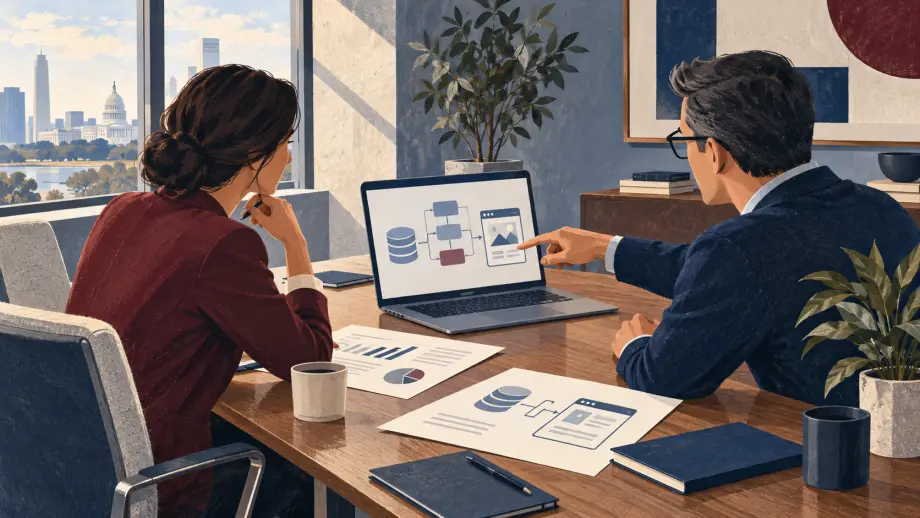 Concept illustration of a business leader and engineering partner reviewing connected business systems.