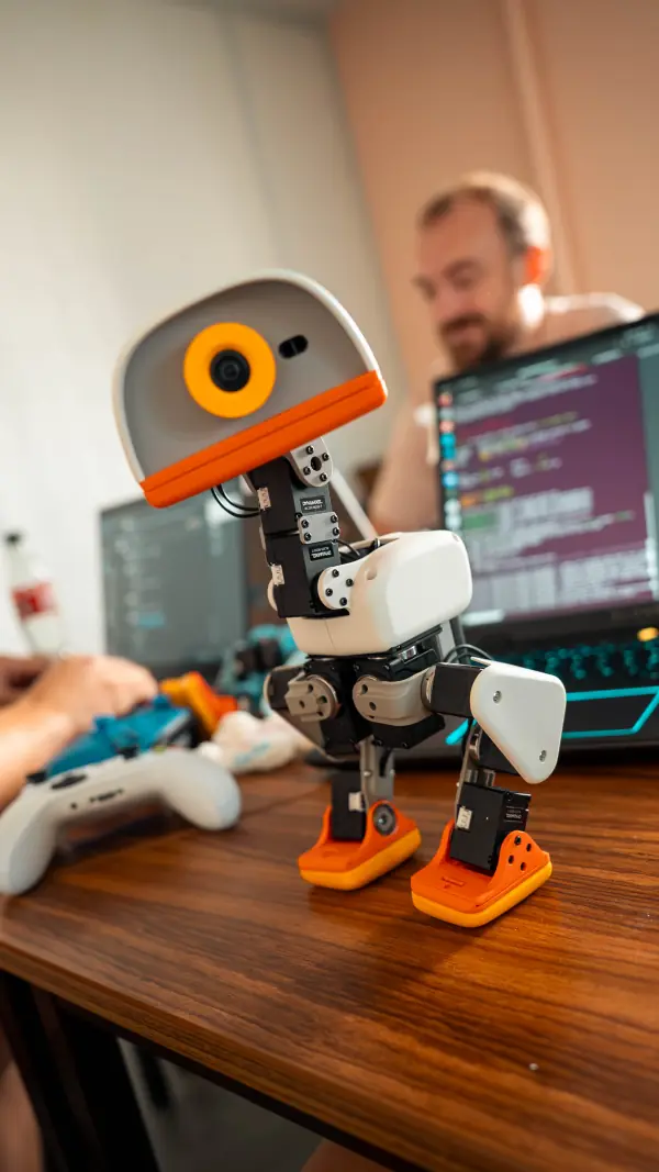A Microduck standing beside a laptop while a developer works behind it.