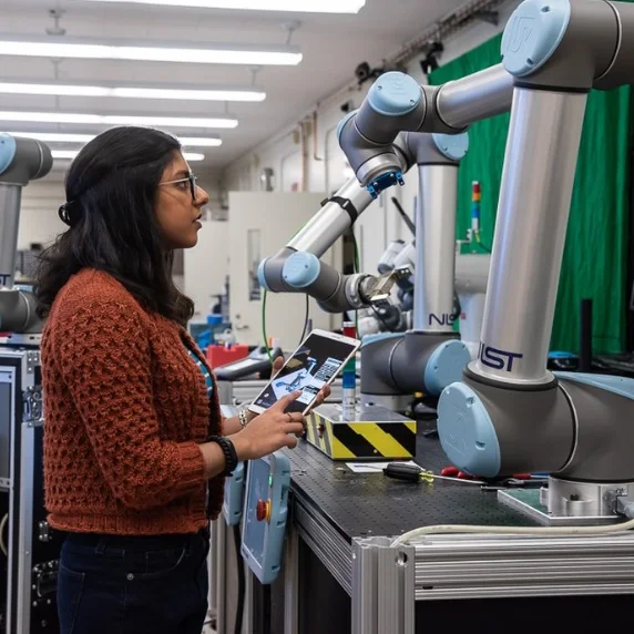 NIST researcher Shelly Bagchi uses a tablet beside a collaborative robot in a laboratory.