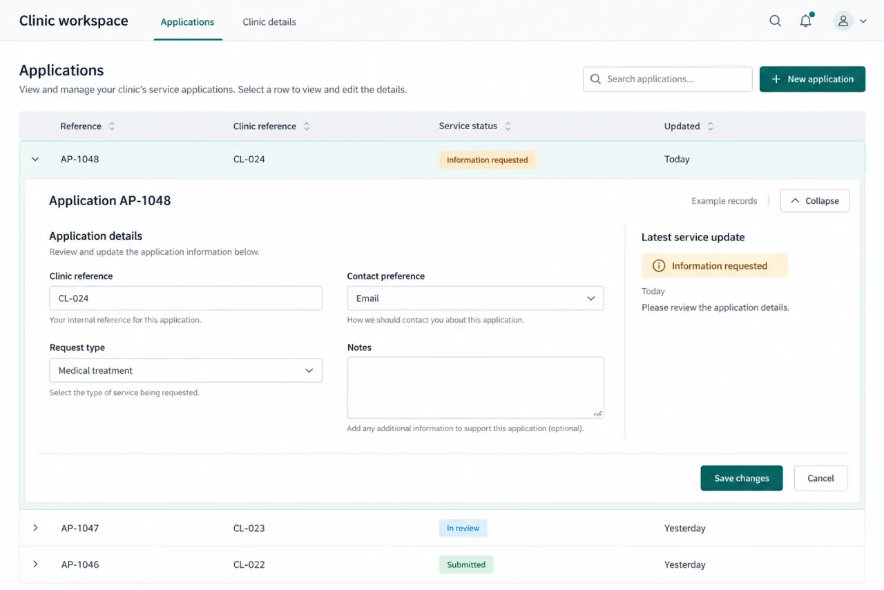 Reconstructed clinic portal with an application list and an expanded record showing clinic entry and the latest service status.