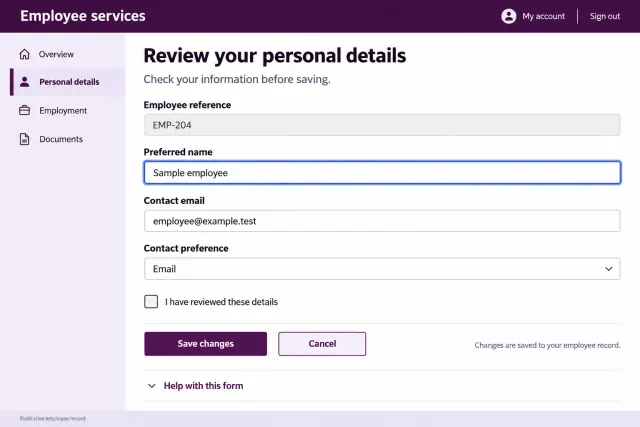 Illustrative employee portal with a personal-details form, employment section links, and a clear save-and-review path.
