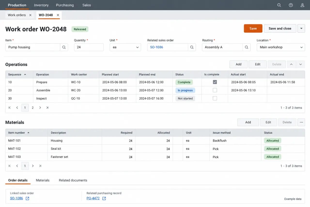 Reconstructed manufacturing ERP work-order record with operations, material requirements, and related sales and purchasing references.