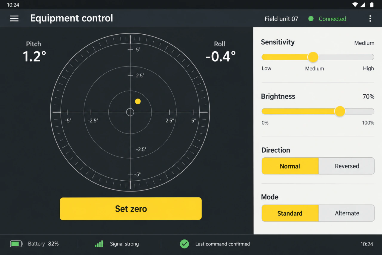 Reconstructed equipment-control interface with alignment readings, battery and signal status, and sensitivity, brightness, and zero controls.