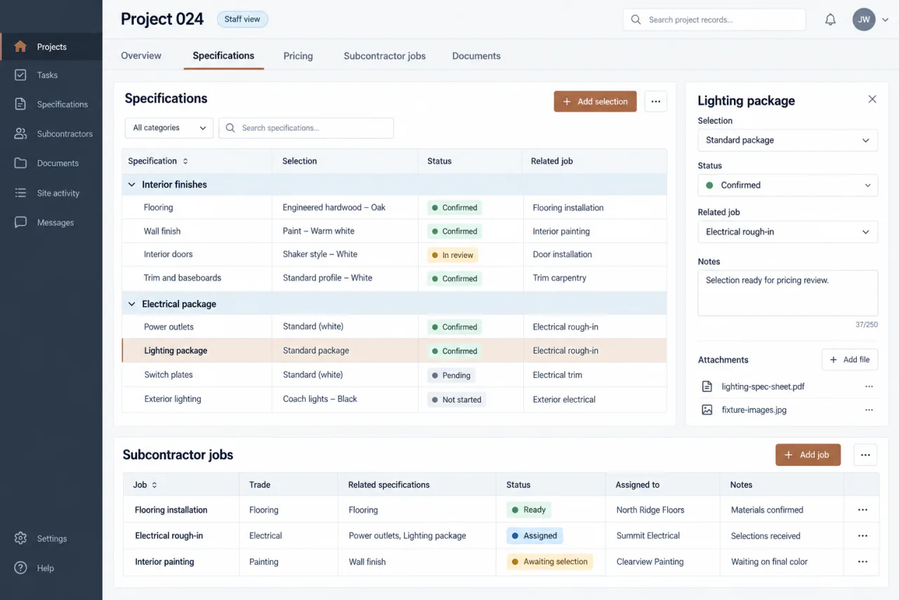 Reconstructed construction project workspace showing specification selections, a lighting-package detail panel, and related subcontractor jobs.