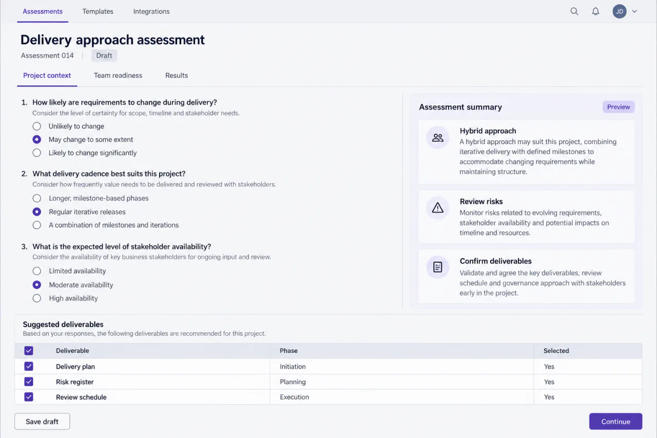Reconstructed assessment form with project questions, a suggested delivery approach, and recommended planning documents.